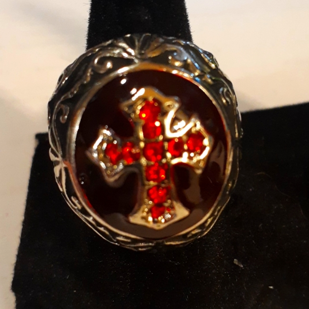 Mens Titanium Red CZ Knights Templar Crusader Cross Ring Silve